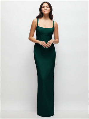 Green corset midriff crepe maxi dress front view, square neckline and corset panel