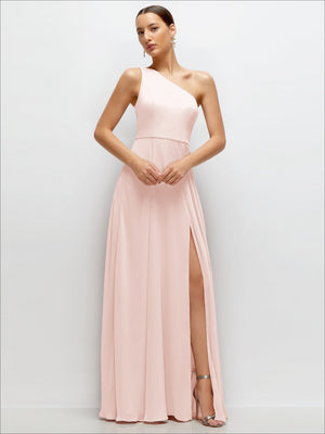 Blush pink one-shoulder chiffon maxi dress with circle skirt and side slit