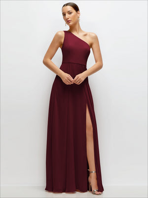 One-shoulder chiffon maxi dress in dark wine red with fitted waist and flowing circle skirt