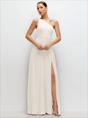 White one-shoulder chiffon maxi dress with draped circle skirt and side slit