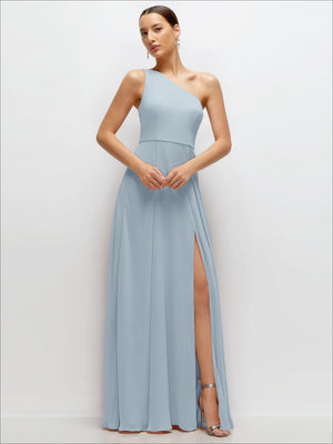 Powder-blue one-shoulder chiffon maxi dress with asymmetrical neckline and side slit