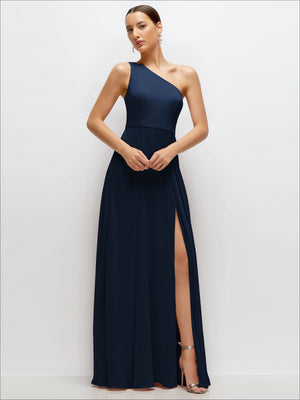 Navy chiffon one-shoulder maxi dress with circle skirt and thigh slit