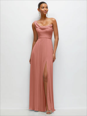 Chiffon One-Shoulder Maxi Dress with Draped Cowl Neckline