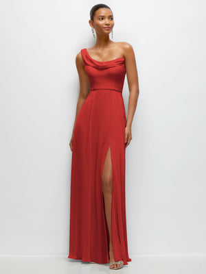 Chiffon One-Shoulder Maxi Dress with Draped Cowl Neckline