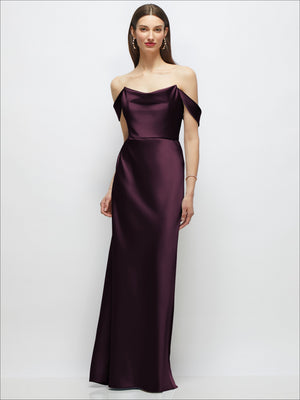 Stretch satin A-line maxi dress with off-the-shoulder drape, plum wine satin