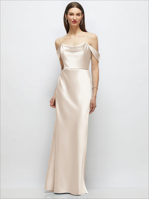Champagne satin maxi dress with off-shoulder drape and slim A-line silhouette