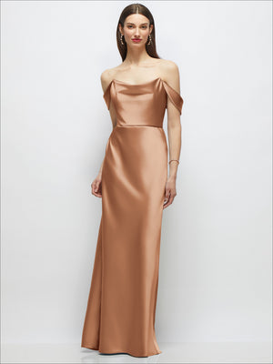 Copper satin A-line maxi dress with off-shoulder drape and basque neckline