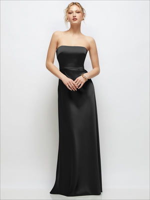 Strapless A-line stretch satin maxi dress in black, sleeveless strapless bodice and skirt.