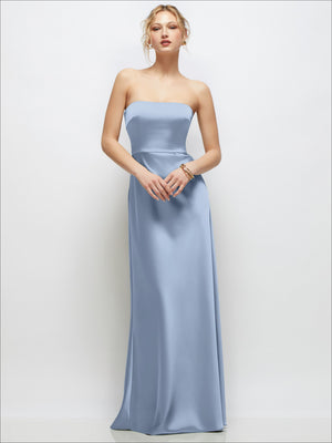 Periwinkle blue satin strapless A-line maxi dress with fitted bodice