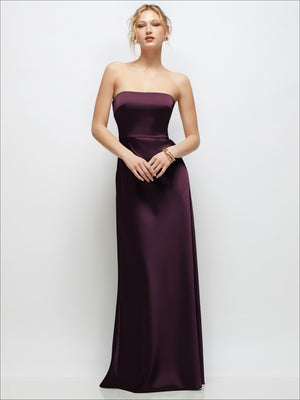 Strapless A-line stretch satin maxi dress, deep plum, strapless bodice with full maxi skirt