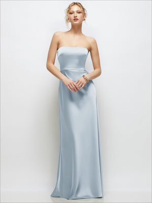 Periwinkle blue satin strapless A-line maxi dress, full length front view