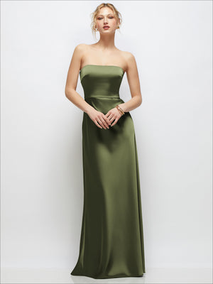 Strapless A-line satin maxi dress in olive green