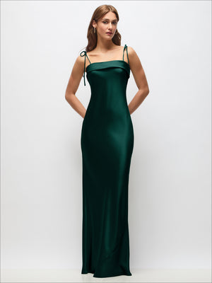 Cuff Neck Satin Bias Maxi Dress with Self-Tie Spaghetti Straps