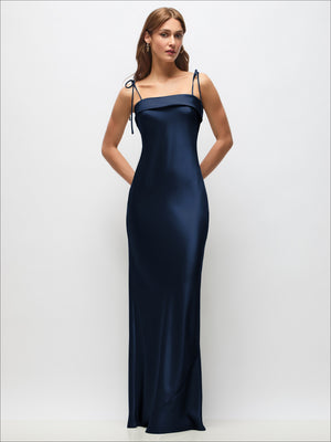 Cuff Neck Satin Bias Maxi Dress with Self-Tie Spaghetti Straps