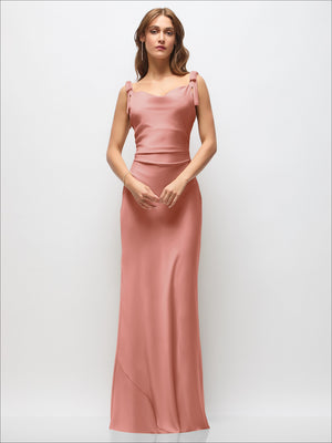 Dusty rose satin maxi dress with cowl neck, shoulder bows, ruched side, bias-cut hem