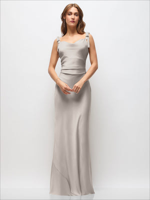 Taupe satin maxi dress with draped cowl neckline and tie shoulder bows, fitted silhouette.