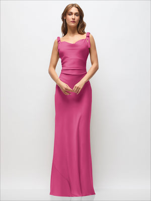 Satin cowl neck ruched side maxi dress in bright pink, with shoulder bow straps