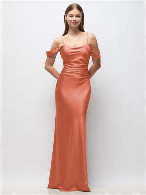 Rust satin off-shoulder maxi dress with spaghetti straps and ruched side detail