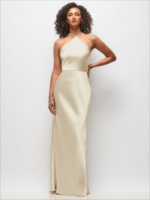 Champagne satin maxi dress with halter high neck and bias A-line skirt, front view