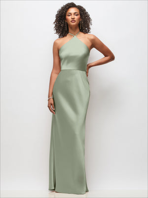 High-neck halter stretch satin maxi dress, light sage green, bias A-line long skirt