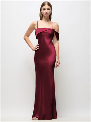 Asymmetrical Cuff Neck Stretch Satin Bias Maxi Dress with Adjustable Spaghetti Straps