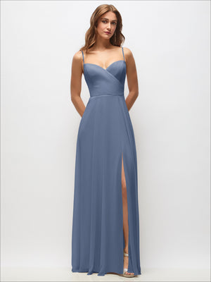 Dusty blue chiffon wrap maxi dress with adjustable spaghetti straps and side slit