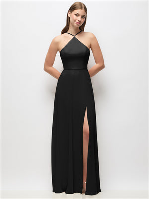 Black halter maxi dress with adjustable spaghetti straps and side slit