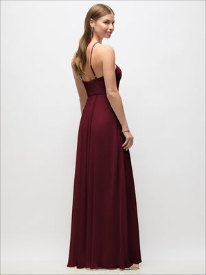 High-neck halter chiffon maxi dress in dark burgundy, adjustable spaghetti straps, open back