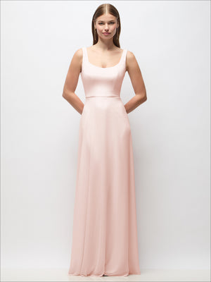 Blush pink scoop-neck chiffon maxi dress with thin tank straps and draped long skirt