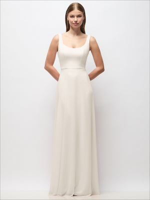 Ivory scoop-neck chiffon maxi dress with tank straps, seamless fitted waist