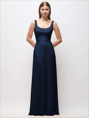 Navy chiffon scoop-neck maxi dress with tank straps and fitted waist, long flowing skirt