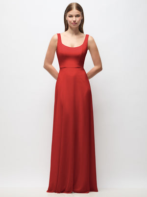 Scoop-neck chiffon maxi dress with tank straps, deep red color and fitted waist