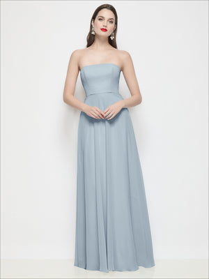 Light blue strapless chiffon maxi dress, fitted bust and waist, soft circle skirt, front view