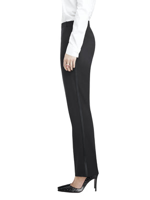 Women's black tuxedo pants with side satin stripe, tailored straight leg