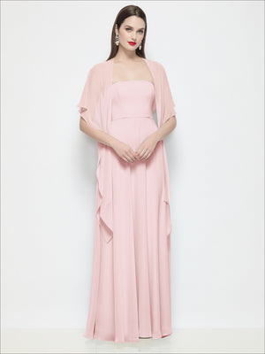 Dusty pink chiffon flounce cape over long sleeveless gown, draped waist detail
