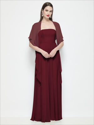 Chiffon flounce cape with draped overlay, dark burgundy red, short sleeves.