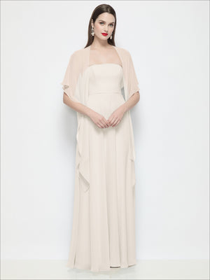 Ivory chiffon flounce cape over long dress, draped short sleeves