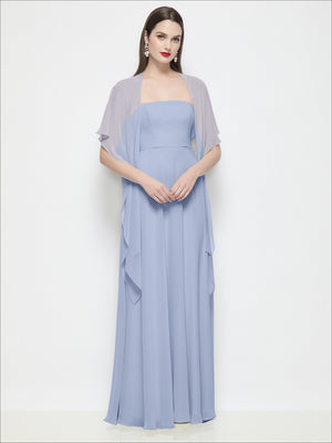Chiffon flounce cape dress in dusty blue, square neckline, draped skirt and cape sleeves