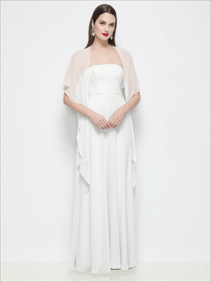 White chiffon flounce cape over long dress, front view with draped shoulders