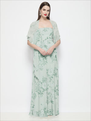 Floral chiffon flounce cape in mint green with draped short batwing sleeves